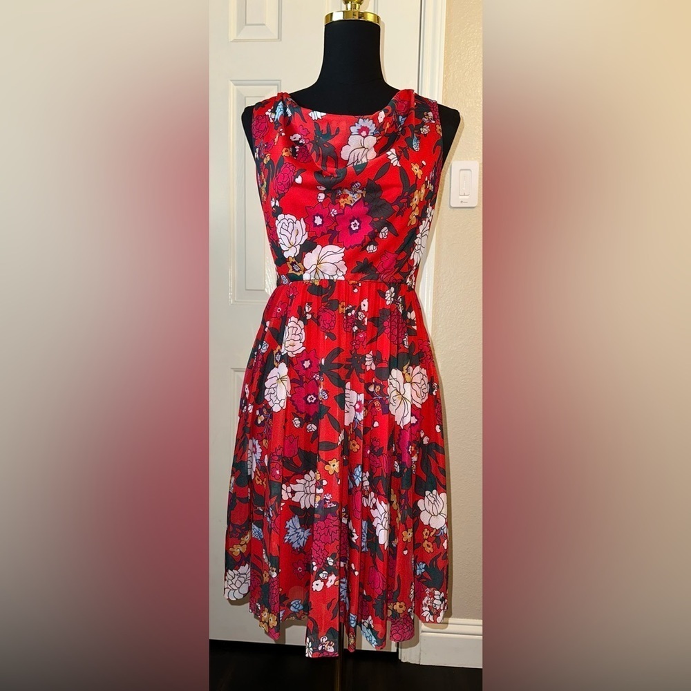 Bea & Dot by ModCloth Dress S Red Floral Drape Neck Pleated Skirt Zip Back Retro